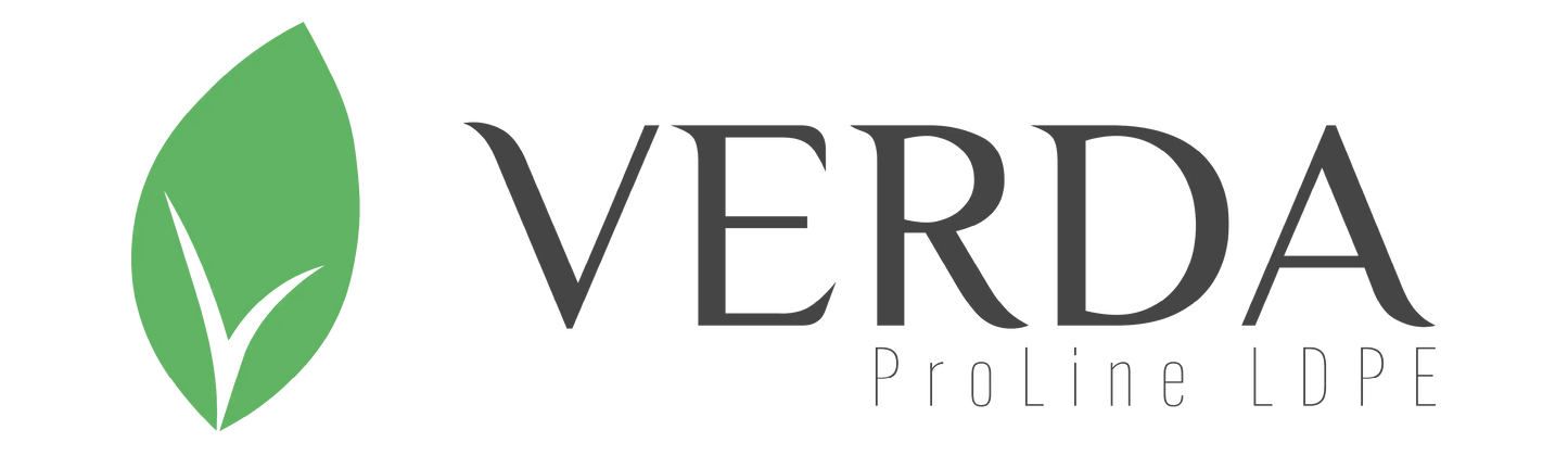 Logo Verda ProLine LDPE z zielonym liściem, symbol worków na śmieci czarnych
