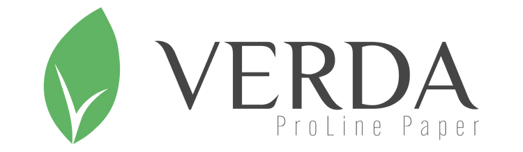 Logo VERDA ProLine Paper z zielonym liściem i napisem, worki na śmieci czarne