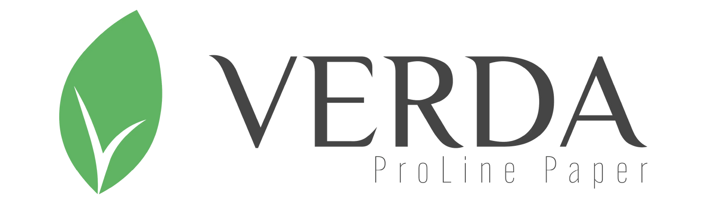 Logo Verda ProLine Paper z zielonym liściem, marka ekologicznych worków na śmieci czarne