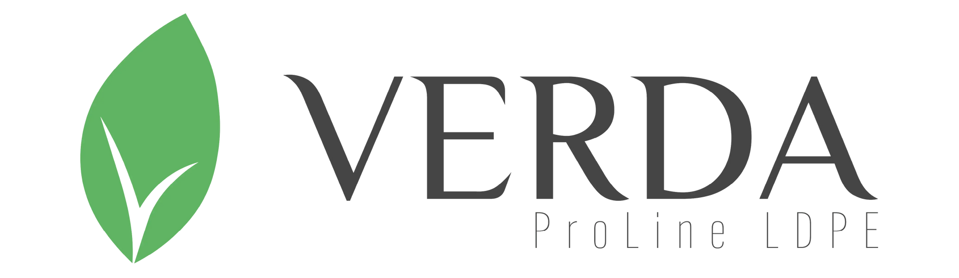 Logo Verda ProLine LDPE z zielonym liściem, symbol worków na śmieci czarnych