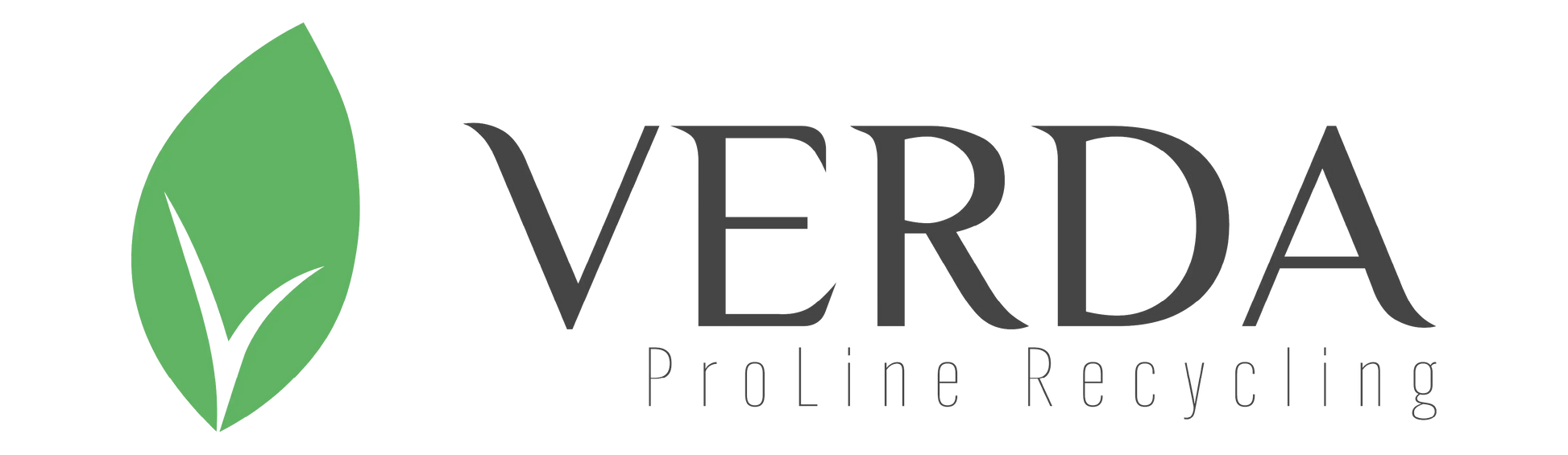 Logo Verda Proline Recycling z zielonym listkiem symbolizującym ekologię, bez czarnych worków na śmieci