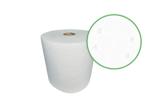 Biały ręcznik celulozowy w dużym roliu z powiększeniem struktury, worki na śmieci czarne