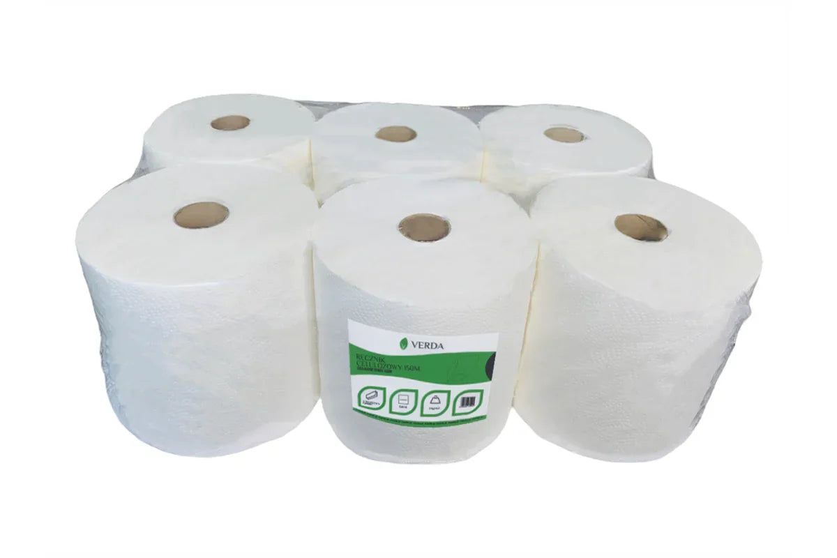 Zestaw sześciu białych ręczników celulozowych VERDA 150 m, opakowanych w folię