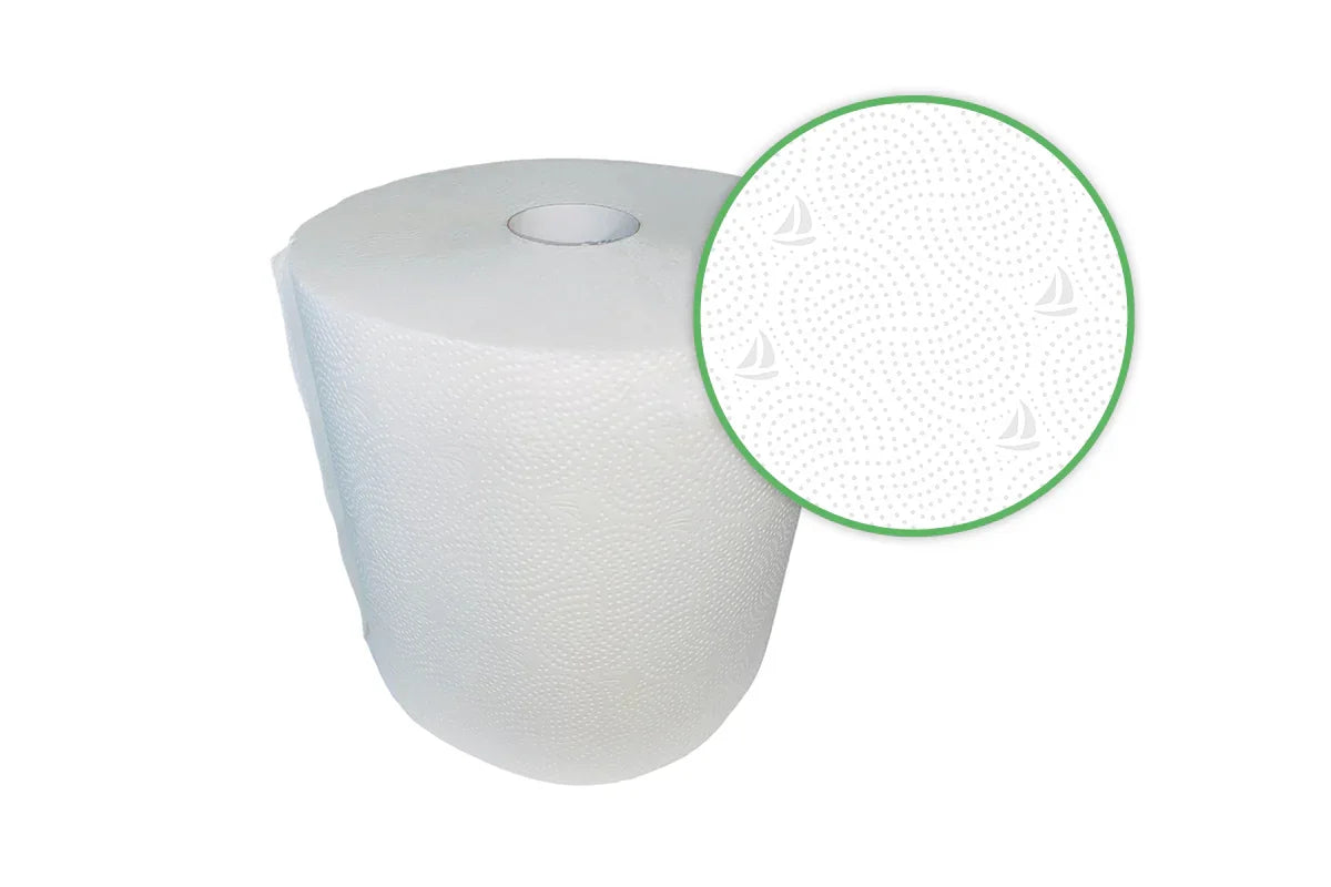 Biały ręcznik celulozowy z delikatnym wzorem, tło białe, worki na śmieci czarne