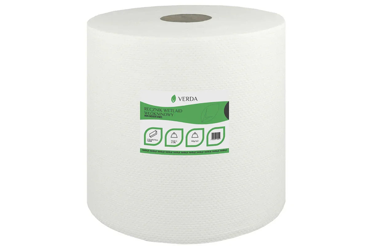 Biały ręcznik włókninowy VERDA na rolce z etykietą, produkt wielowarstwowy