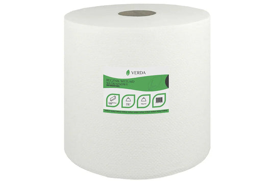 Biały ręcznik włókninowy VERDA na rolce z etykietą, produkt wielowarstwowy